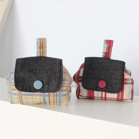 Mini Coin Purse Retro Denim Canvas Houndstooth Pattern Portable Earphone Pouch Lipstick Storage Bag With Hanging Loop