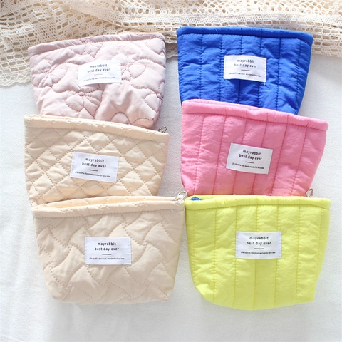 Quilted Cosmetic Bag Large Capacity Polyester Vertical Stripe Pattern Makeup Organizer Zipper Travel Pouch For Women
