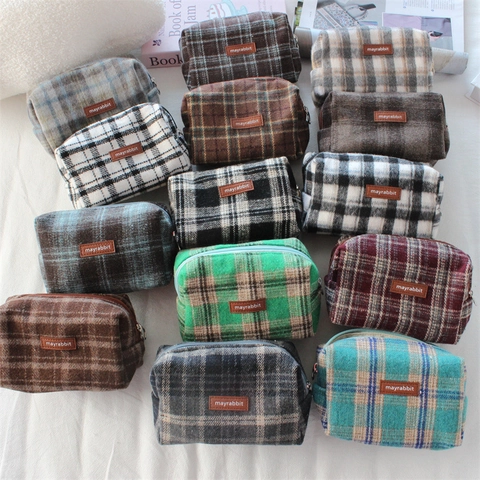 Retro Plaid Woll Etui Große Kapazität Tragbare Make Up Tasche Organizer Für Schule Reise Schreibwaren Kosmetik