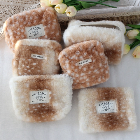 Plush Deer Pattern Makeup Bag Portable Zipper Storage Pouch Soft Faux Fur Cosmetic Case Cute Forest Style Organizer