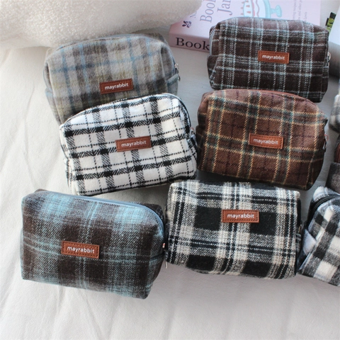 Retro Plaid Woll Etui Große Kapazität Tragbare Make Up Tasche Organizer Für Schule Reise Schreibwaren Kosmetik