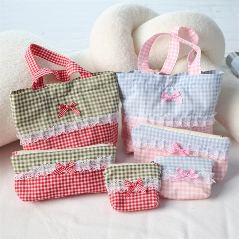 Bolso De Cuadros Vichy Encaje Lazo Bolsa De Mano Neceser De Maquillaje Y Estuche Para Lápices Estilo Dulce Diario Mujeres