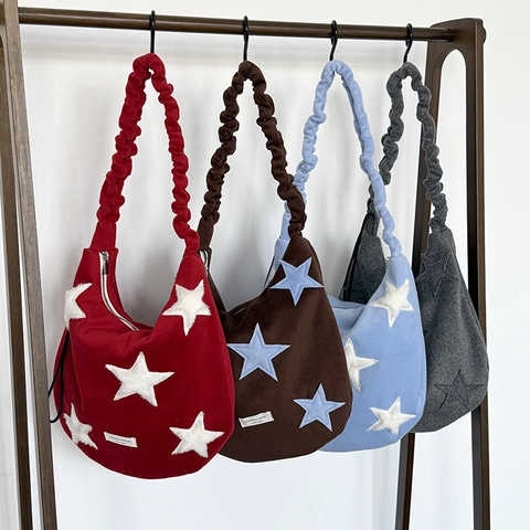 Borsa A Tracolla In Lana Da Donna Con Motivo A Stelle Tracolla Arricciata Grande Capacità Stile Retrò Casual Da Spalla