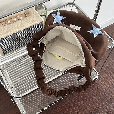 Borsa A Tracolla In Lana Da Donna Con Motivo A Stelle Tracolla Arricciata Grande Capacità Stile Retrò Casual Da Spalla