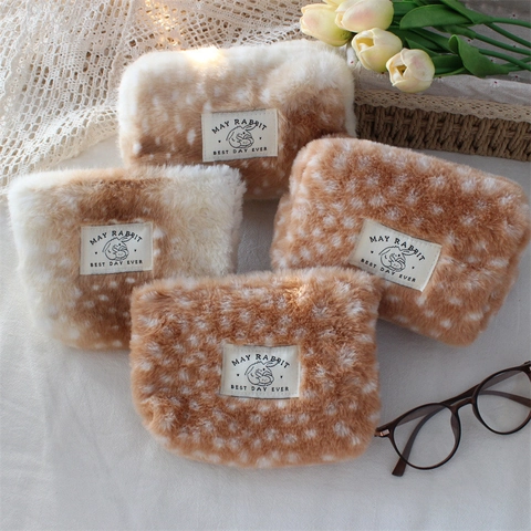 Plush Deer Pattern Makeup Bag Portable Zipper Storage Pouch Soft Faux Fur Cosmetic Case Cute Forest Style Organizer