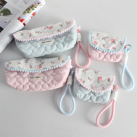 Floral Quilted Cotton Pencil Case Storage Bag With Heart Pattern Pom Pom Trim And Braided Handle Korean Sweet Style