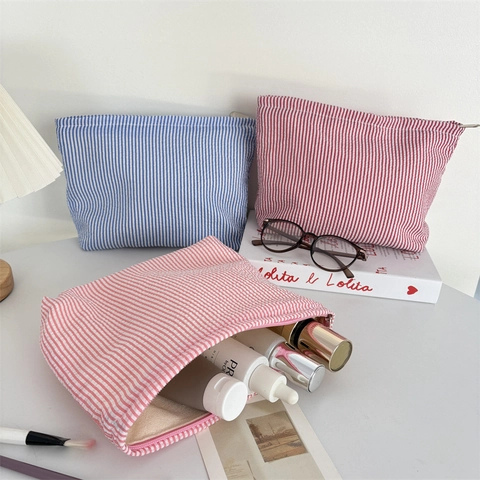Neceser Cosmético Seersucker Rayas Bolsa Maquillaje Viaje Organizador Tocador Portátil Cremallera Gran Capacidad Simple