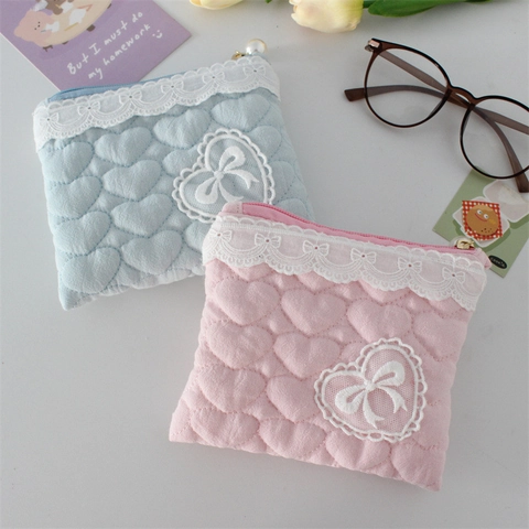 Women Cute Lace Heart Coin Purse Polyester Square Crinkle Cloth Small Storage Bag Niche Large Capacity Zipper Clutch Pouch