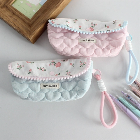 Floral Quilted Cotton Pencil Case Storage Bag With Heart Pattern Pom Pom Trim And Braided Handle Korean Sweet Style