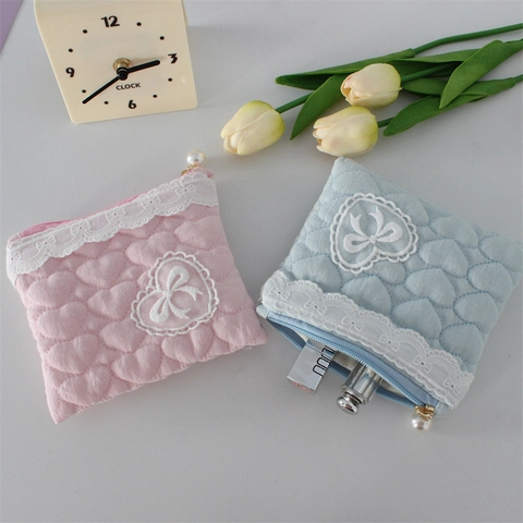 Women Cute Lace Heart Coin Purse Polyester Square Crinkle Cloth Small Storage Bag Niche Large Capacity Zipper Clutch Pouch