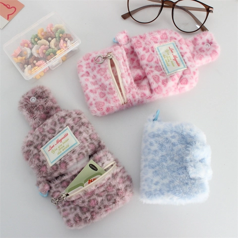 Mini Coin Purse Leopard Print Plush Card Holder Portable Earphone Bag Soft Snap Button Heart Zipper Pendant Wallet