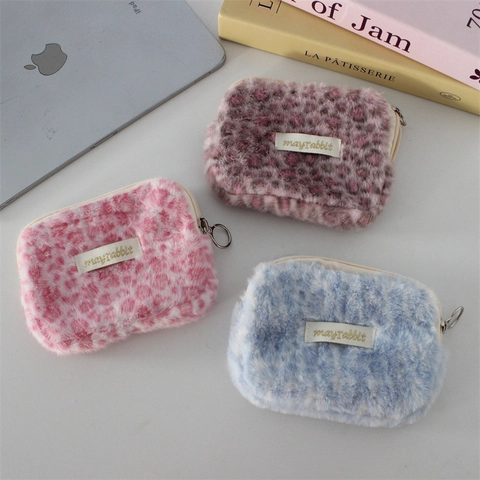 Leopard Print Plush Coin Purse Mini Faux Fur Card Holder With Round Metal Zipper Pull Portable Pouch For Women