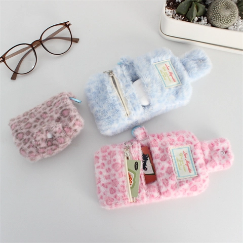 Mini Coin Purse Leopard Print Plush Card Holder Portable Earphone Bag Soft Snap Button Heart Zipper Pendant Wallet