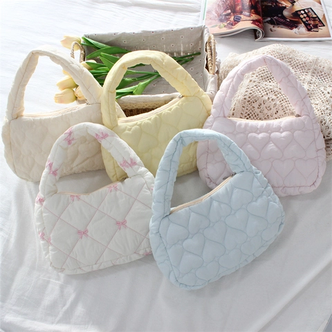 Quilted Heart Pattern Handbag Polyester Puffy Tote Daily Commute Sweet Korean Style Women Mini Handheld Bag