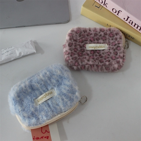 Leopard Print Plush Coin Purse Mini Faux Fur Card Holder With Round Metal Zipper Pull Portable Pouch For Women