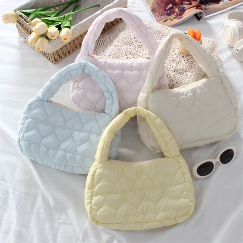 Quilted Heart Pattern Handbag Polyester Puffy Tote Daily Commute Sweet Korean Style Women Mini Handheld Bag