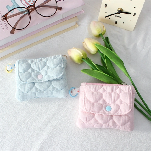 Mini Portamonete In Tessuto Trapuntato Motivo A Cuore Porta Carte Patta Bottone A Pressione Per Auricolari Piccola Borsa Con Anello
