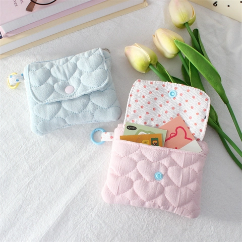 Mini Portamonete In Tessuto Trapuntato Motivo A Cuore Porta Carte Patta Bottone A Pressione Per Auricolari Piccola Borsa Con Anello