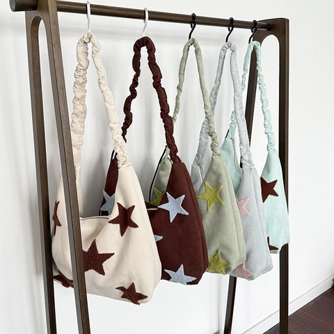 Star Embroidered Suede Hobo Bag Ruched Scrunchie Strap Large Capacity Underarm Shoulder Bag For Women Casual Daily Style
