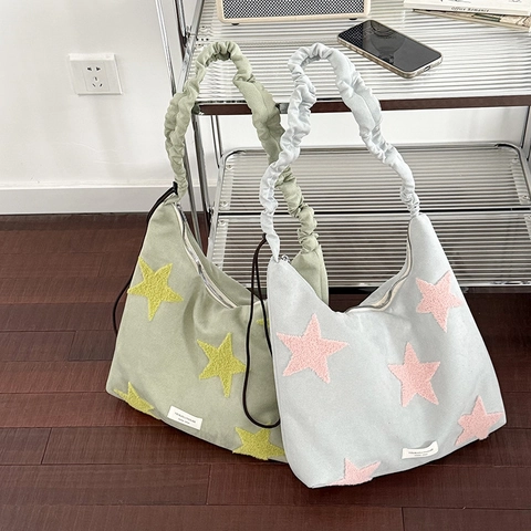 Star Embroidered Suede Hobo Bag Ruched Scrunchie Strap Large Capacity Underarm Shoulder Bag For Women Casual Daily Style