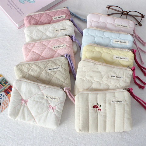 Quilted Coin Purse Mini Cosmetic Bag Zipper Portable Travel Lipstick Storage Pouch Heart Pattern Macaron Colors Women