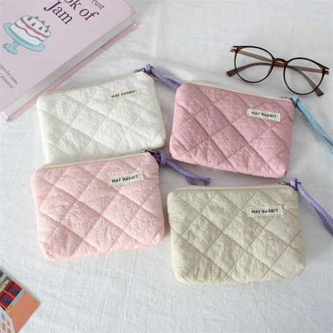 Quilted Coin Purse Mini Cosmetic Bag Zipper Portable Travel Lipstick Storage Pouch Heart Pattern Macaron Colors Women