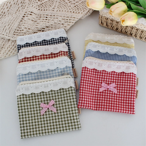 Süße Gingham Karo Münzbörse Baumwolle Mini Aufbewahrungstasche Mit Spitzenbesatz Und Schleife Für Damen Mädchen Kosmetiktasche