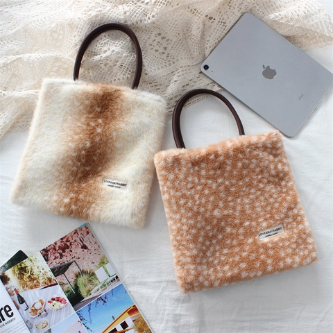 Kunstfell Plüsch Handtasche Hirschmuster Tierdruck Wintermode Damen Tote Runde PU Griff Magnetverschluss Pendeln