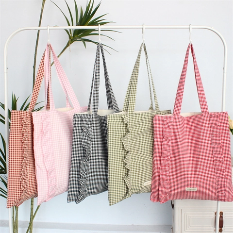 Borsa Tote In Tela A Quadretti Gingham Con Bordo A Volant Grande Capacità Borsa A Spalla Estetica Da Donna Quotidiana