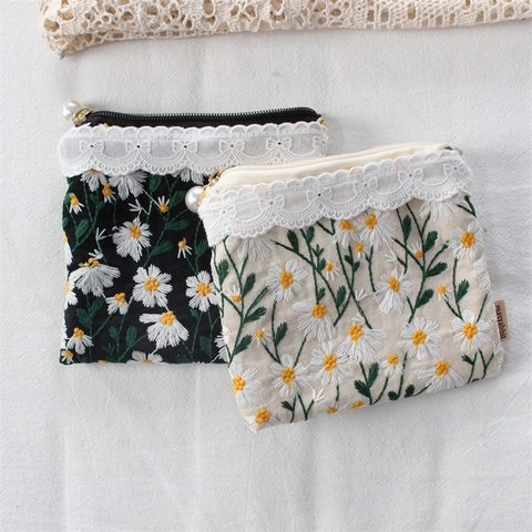 Daisy Embroidery Coin Purse Cotton Canvas Mini Makeup Bag With Lace Trim And Artificial Pearl Zipper Pull Cute Floral Storage Pouch