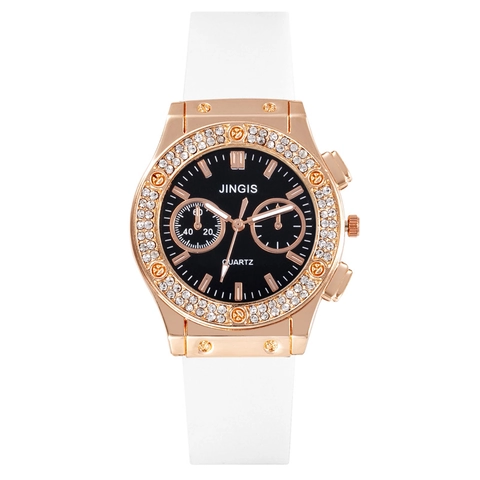Mode Quarz Uhr Strass Lünette Silikon Armband Roségold Legierung Gehäuse Luxus Trendige Armbanduhr