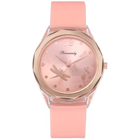 Women Fashion Quartz Watch Silicone Strap Transparent Case Rose Gold Octagonal Bezel Dragonfly Butterfly Floral Print Analog Wristwatch Ladies