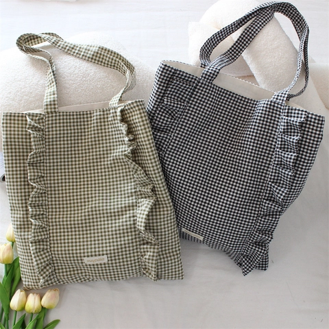 Borsa Tote In Tela A Quadretti Gingham Con Bordo A Volant Grande Capacità Borsa A Spalla Estetica Da Donna Quotidiana