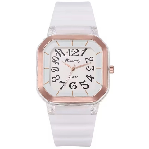 Reloj De Cuarzo Cuadrado De Moda Para Mujeres Estudiantes Grandes Números Arábigos Correa De Silicona Caja Transparente Reloj