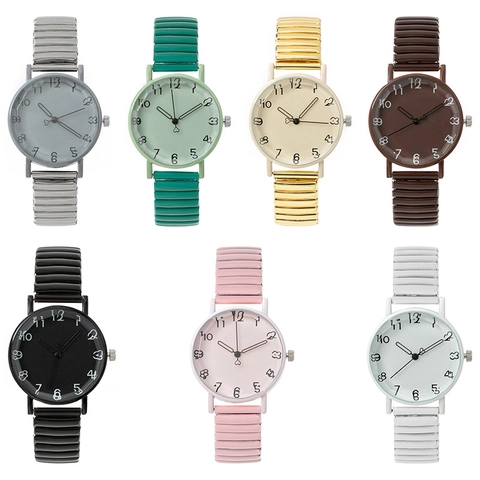 Fashion Women's Quartz Watch Minimalist Round Dial Hand Drawn Arabic Numerals Elastic Alloy Band Wristwatch For Lady Gift
