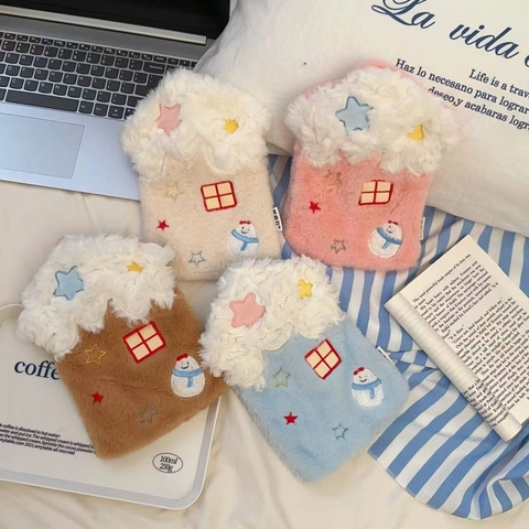 Hot Water Bottle With Removable Plush Fleece Cover Cute Cartoon House Shape Snowman Embroidery Winter Hand Belly Warmer