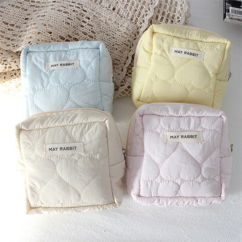 Quilted Cotton Makeup Bag Small Square Cosmetic Organizer Pouch With Heart Pattern Portable Zip Sundries Storage Bag