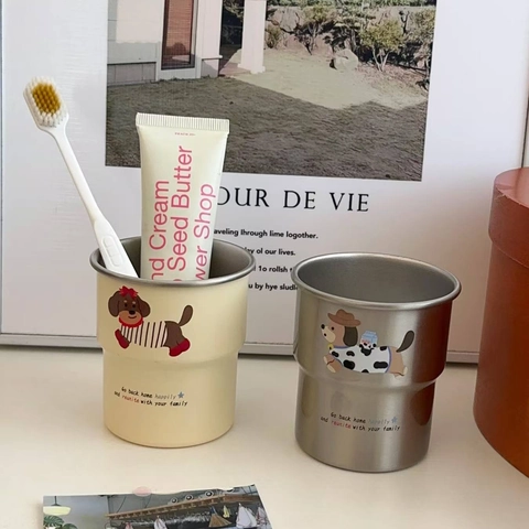 Cute Cartoon Dog 304 Stainless Steel Mouthwash Cup Kawaii Toothbrush Tumbler For Home Dormitory Stackable Durable