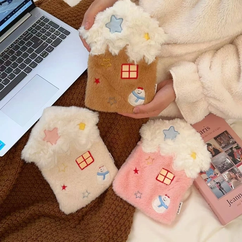 Hot Water Bottle With Removable Plush Fleece Cover Cute Cartoon House Shape Snowman Embroidery Winter Hand Belly Warmer