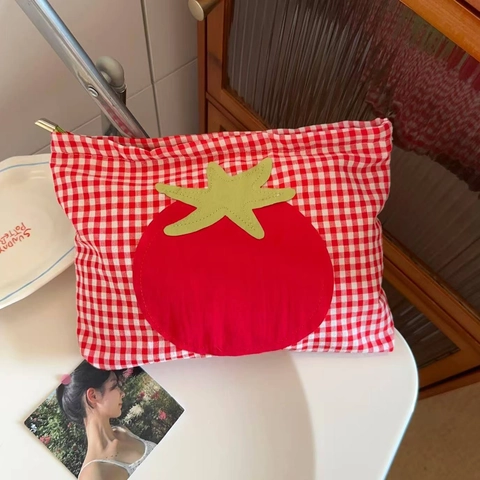 Red Gingham Cosmetic Bag Tomato Applique Large Capacity Makeup Organizer Portable Fabric Zipper Handbag For Women