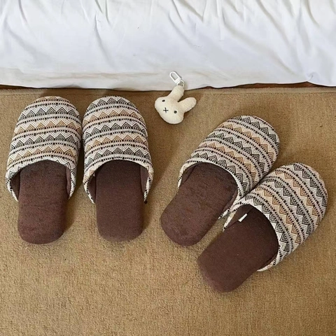 Indoor House Slippers Linen Polyester Woven Bohemian Geometric Pattern Silent Non-Slip Closed Toe For Men Women