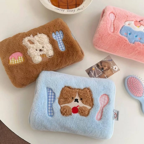Electric Hot Water Bottle Rechargeable Hand Warmer Cute Cartoon Plush Faux Rabbit Fur Cover Winter Portable Heating Pad