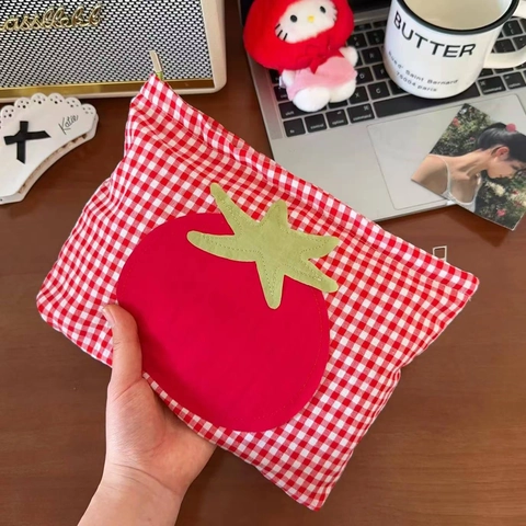 Red Gingham Cosmetic Bag Tomato Applique Large Capacity Makeup Organizer Portable Fabric Zipper Handbag For Women