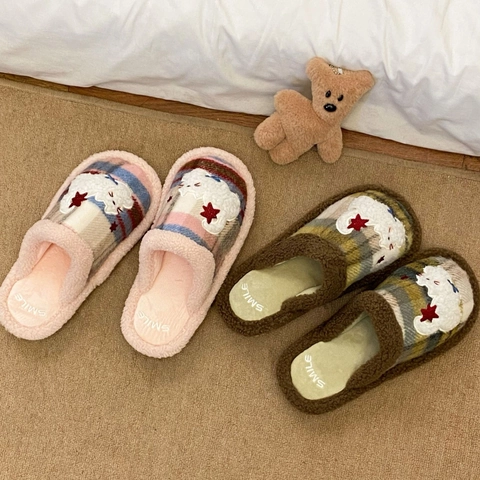 Plush House Slippers Checkered Pattern Warm Faux Fur Lining Non Slip Sole Cartoon Star Cat Embroidery Indoor For Men Women