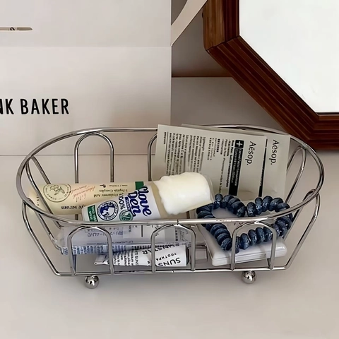 Minimalist Metal Wire Storage Basket Hollow Out Oval Organizer Tray With Ball Feet For Desktop Cosmetics Jewelry Kitchen