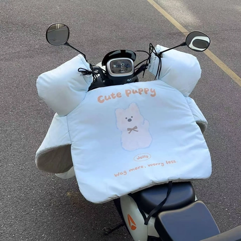 Cute Cartoon Dog Electric Scooter Windshield Cover Waterproof Nylon Fleece Lined Warm Windproof Motorbike Handlebar Muffs