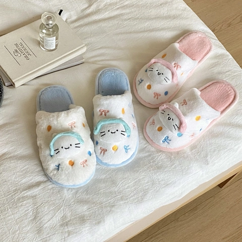 Cute Cartoon Cat Plush Slippers Warm Indoor Home Shoes With 3D Headphones Cat Head Soft Cotton Fleece For Women Girls