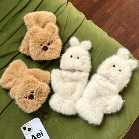 Guanti In Peluche Caldi Invernali Con Patta Mezzo Dito Pelliccia Sintetica Orso Coniglio Cartone Animato Antivento Per Donne Studentesse