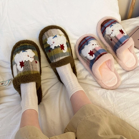 Plush House Slippers Checkered Pattern Warm Faux Fur Lining Non Slip Sole Cartoon Star Cat Embroidery Indoor For Men Women