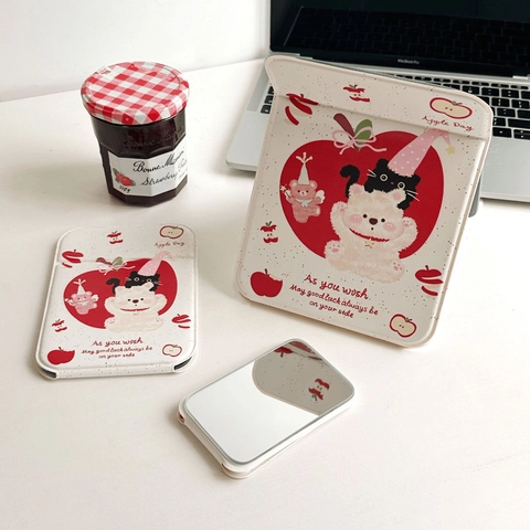 Mignon Dessin Animé Ours Pomme Motif Miroir De Maquillage Pliable Portable PU Cuir Miroir De Table Pour Voyage
